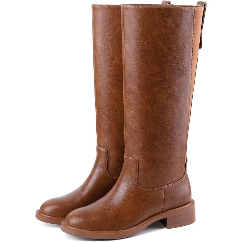 Women's A-brown Chunky Low Heel Pull On Riding Comfortable Knee High Boots
